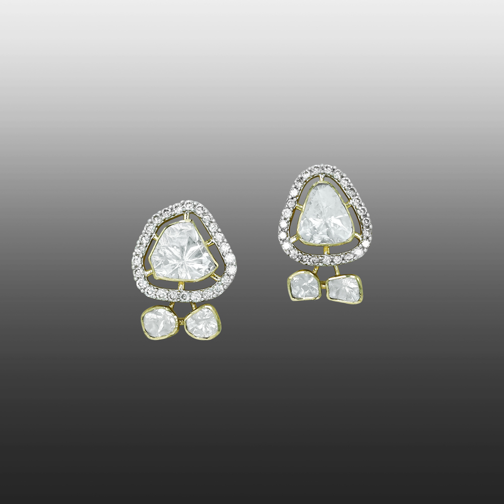 Triangular Polki Earrings with Diamond Halos